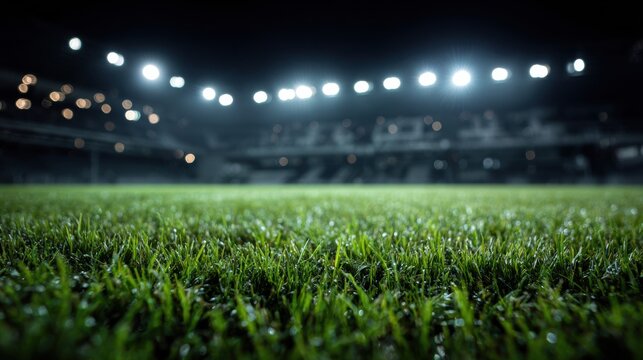 High resolution photo of vibrant close up of fresh green grass on stadium sport field at night. Bright stadium lights powerfully illuminate pristine playing turf. Empty arena stands.