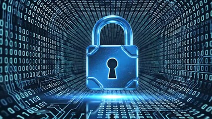 A glowing blue padlock icon symbolizing cybersecurity and data protection in a tunnel of binary code - Powered by Adobe