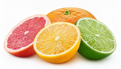 Isolated Citrus Fruits Pieces Of Lemon Lime Pink Grapefruit And Orange Isolated On White Background With Clipping Path