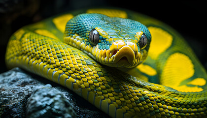 Obraz premium Green pit viper rests curled on rocky terrain. Reptile shows textured scales and striking eyes. Wildlife animal in natural habitat,