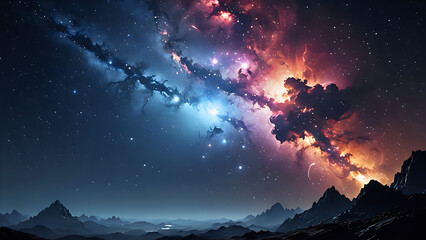 Vivid Cosmic Nebula Above Alien Mountain Landscape