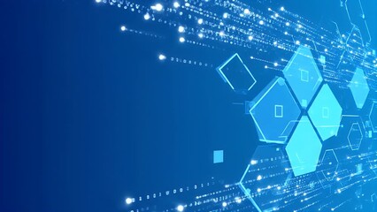 A futuristic abstract digital technology background with glowing particle light trails and data hexagon shapes representing network connectivity and information flow - Powered by Adobe