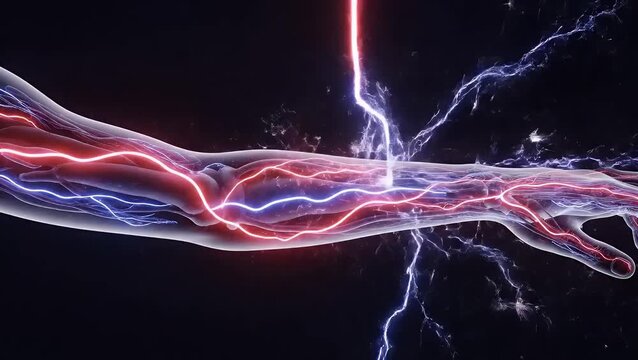 A futuristic depiction of a human arm's circulatory system being zapped by a powerful electrical current