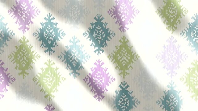 Seamless geometric pattern with diamond shapes in vintage Thai ethnic style, repeating ornament in pastel green, purple, blue colors, intricate tribal fabric print illustration for