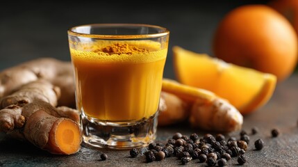 High resolution photo of vibrant ginger turmeric wellness shot sits in small glass. Fresh ginger root, raw turmeric pieces, black peppercorns, orange slice surround natural detox drink.