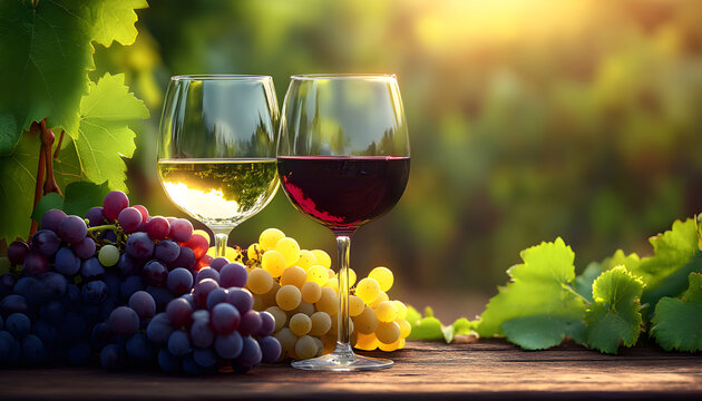 Red and white wine glasses sit with purple and green grapes on a wooden table. Fresh fruit and beverages are arranged with green