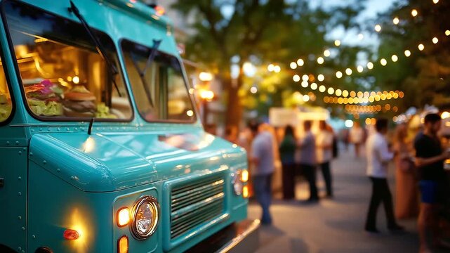 Teal food truck open for business at a city festival, serving burgers and other fast food, customers gather around, enjoying the urban street party with festive lights, under soft