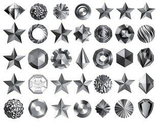 Collection of various geometric and star-shaped metallic design elements on white background