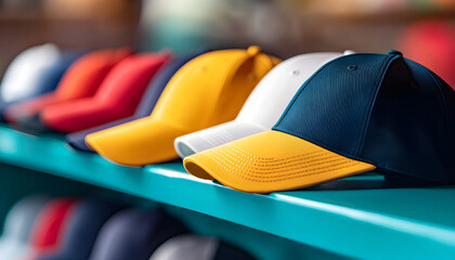 Line of baseball caps in various colors like red, white, navy, and yellow are displayed on a blue shelf. These hats are perfect for