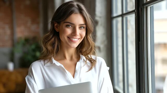 Smiling young woman in white shirt holds laptop computer, female poses with notebook for work or study, professional person looks happy, ready for business tasks, digital device in - Powered by Adobe