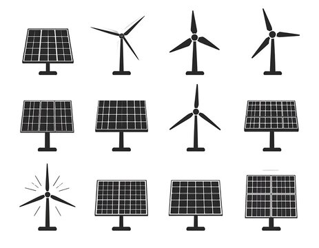 Collection of various grayscale solar panels and wind turbines on white background