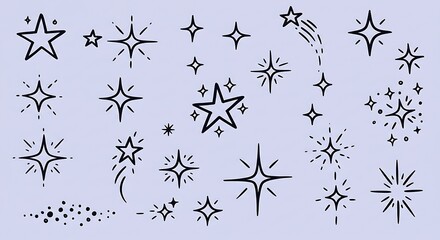 Collection of various hand-drawn sparkling stars on a light lavender background