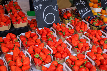 Ripe strawberries at the Cours Saleya provencal farmers market in Nice, France
