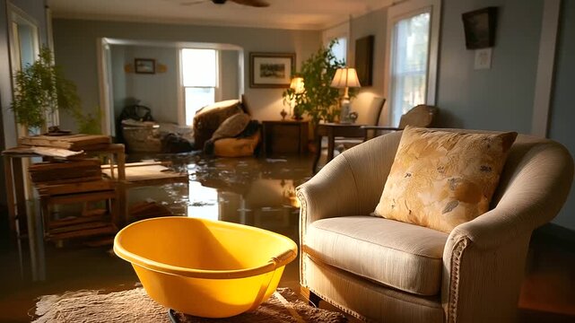Flooded house interior with water damage, furniture displaced, construction equipment including wheelbarrow, buckets present, restoration process underway, focus on cleanup and rep