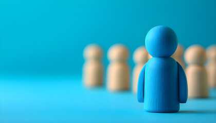 Blue wooden figure stands apart from group of natural wood figures. Represents individuality uniqueness diversity leadership and