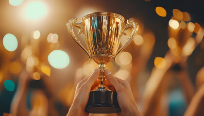 Hands hold golden trophies at event. People celebrate victory, success. Winning team lifts rewards, receives recognition. Competition winners showcase achievements with pride. Championship award