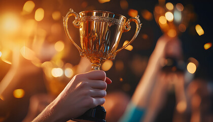 Naklejka premium Hands hold golden trophies at event. People celebrate victory, success. Winning team lifts rewards, receives recognition. Competition winners showcase achievements with pride. Championship award