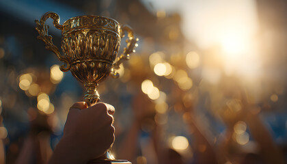 Hands hold golden trophies at event. People celebrate victory, success. Winning team lifts rewards, receives recognition. Competition winners showcase achievements with pride. Championship award