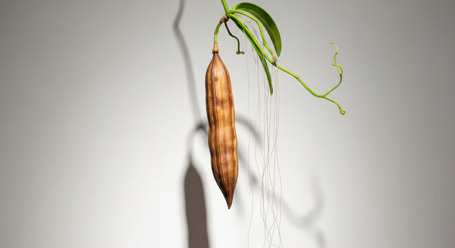 Hanging Brown Vanilla Bean Pod with Green Leaves and Shadow
A close-up studio shot of a single, elongated, drying vanilla bean pod hanging from a thin stem with a couple of vibrant green leaves - Powered by Adobe