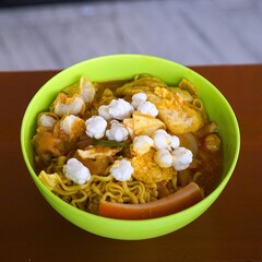 Seblak, Indonesian spicy and savory dish made from wet crackers, noodles, and various toppings