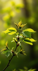 Lush, vibrant green leaves burst forth on a healthy branch, bathed in warm sunlight, symbolizing natural growth and the peak of the summer season, environment, growth, healthy
