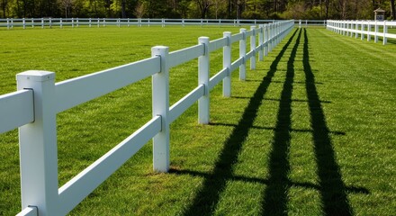 Fototapeta premium Pristine white plastic post and rail fencing delineating a clean paddock space featuring perfectly mown green grass under bright sunlight, fencing, daylight, rail