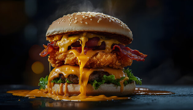 Burger includes fried chicken bacon cheddar cheese and sauce. It has sesame bun. Fastfood cafe restaurant concept. Perfect junk