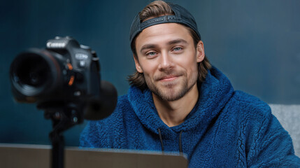 A young man smiles while taking a photo with a professional camera and a laptop