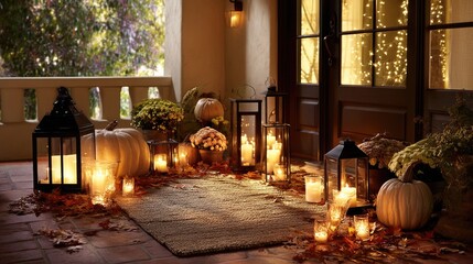 Obraz premium Decorated porch with pumpkins and lanterns creating warm evening atmosphere