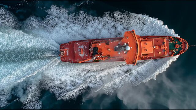 Orange Rescue Ship Navigates Through Waves on a Sunny Day in Open Waters