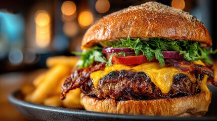 Delicious burger with fries, inviting you to enjoy a flavorful meal