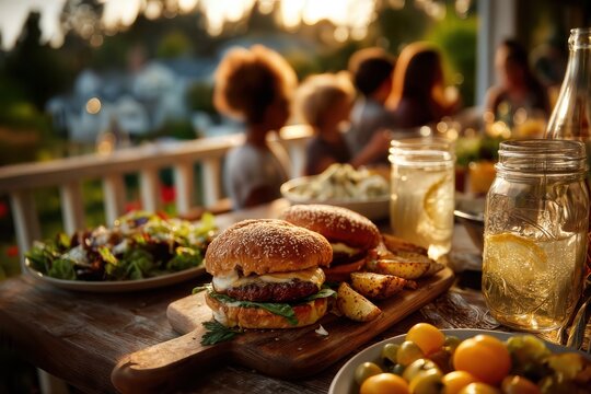 A delicious burger and side dishes are arranged on a wooden table, and a family is dining outside during sunset