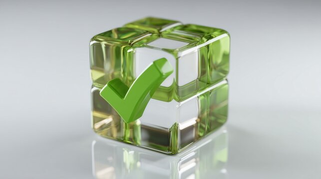 Quality Standards And Business Achievement Visualized With Green Checkmark Cube On Clean White Background