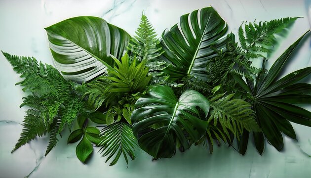 Lush Green Tropical Foliage Arrangement Featuring Various Ferns And Vibrant Monstera Leaves Creating A Natural Verdant Display