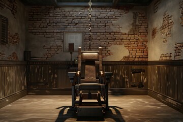 Photorealistic educational concept of early electric chair invention 19th century America neutral historical documentation style no graphic detail