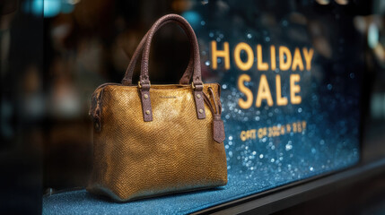 A fashionable handbag with a sale display in shop