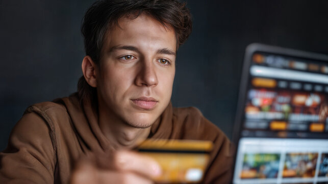 A young male focuses on shopping online using credit card. He looks concerned while shopping online