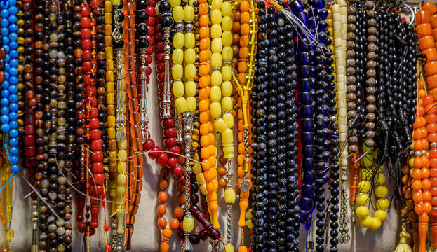Colorful beaded bracelets with evil eye charms at the Istanbul Grand Bazaar