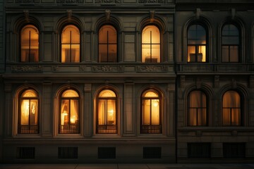 Warmly lit historic building facade with arched windows at night