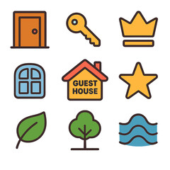 Obraz premium Colorful line icons of guest house, key, door, crown, star, and nature symbols