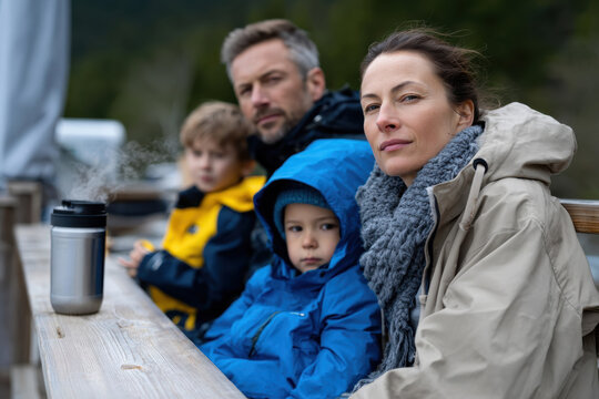 A family of four enjoys each other's company at a lakeside location, displaying love and togetherness while appreciating the beauty of nature around them.