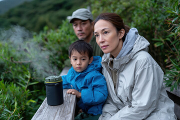 A mother and her son sit together in a lush, green environment, emphasizing family bonds and the tranquility of nature while savoring a peaceful moment.