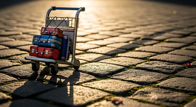 Vintage baggage cart with vibrant suitcases on the cobblestone street