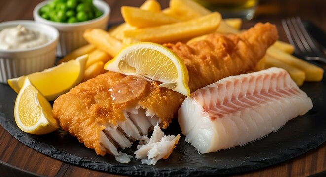 Classic fish and chips meal served with peas and tartare sauce - Powered by Adobe