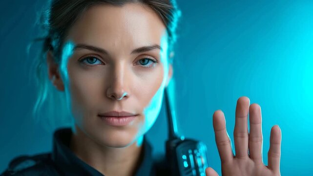 Young policewoman in uniform with walkie talkie showing stop gesture on light blue background, under soft studio light highlighting command and presence, serene portrait scene, cal