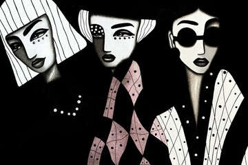 Stylized portrait composition of women in modern graphic art style, expressive contemporary fashion-inspired characters with hats and patterns, dark background illustration for posters branding 