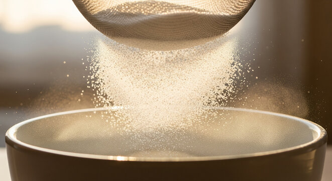 White flour or sugar being sifted into a dark bowl.
A dynamic shot of white powder, likely sugar or flour, being sifted through a fine mesh sieve and falling into a dark bowl below