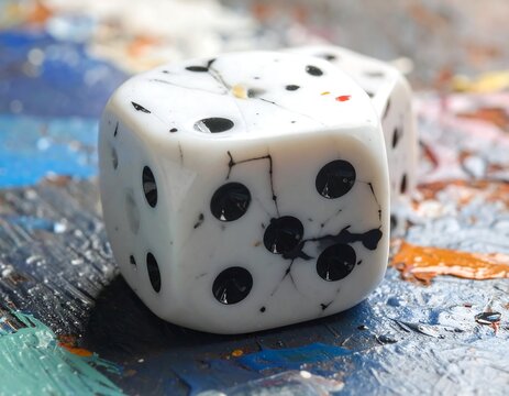 A close-up of a cracked, speckled white die with black pips, resting on a painter's palette - Powered by Adobe