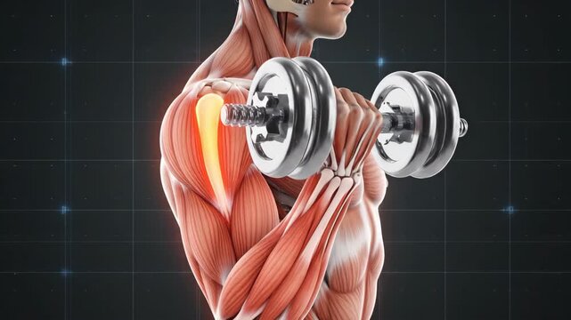 Animation of a man doing bicep curls showing the muscle activation and movements, anatomical
