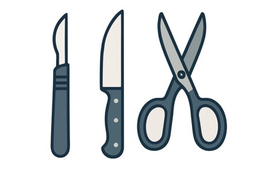 Illustration of surgical instruments including a scalpel, knife, and scissors arranged on a clean background, suitable for medical, healthcare, and surgical themes.	